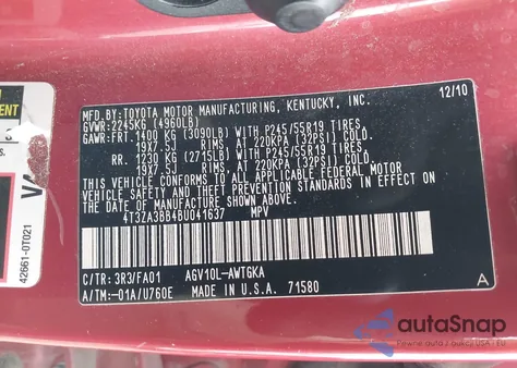 2011 Toyota Venza из США, поврежденный, VIN 4T3ZA3BB4BU041637